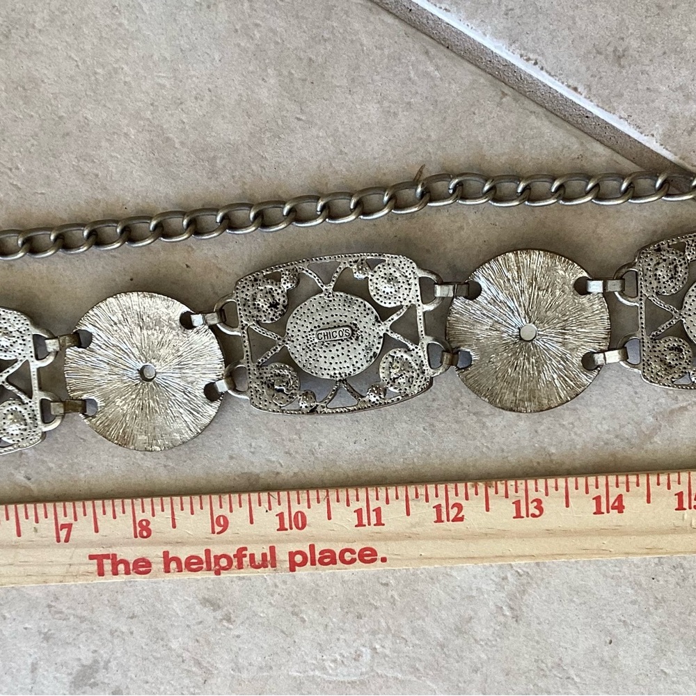 Chicos Abalone shell/ rhinestone silver tone metal chain link belt - Picture 4 of 13